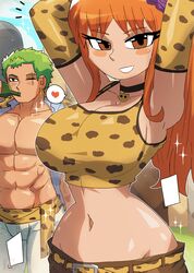 1boy 1girls abs athletic_female athletic_male bare_shoulders big_breasts clothed clothing color female green_hair hi_res large_breasts light-skinned_female light_skin long_hair looking_at_viewer male male/female muscles muscular muscular_male nami nami_(one_piece) one_piece orange_eyes orange_hair roronoa_zoro short_hair shounen_jump tagme thick_thighs tony_welt rating:Explicit score:34 user:Gigiti