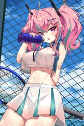  14chendoe 1girls azur_lane belly_button bremerton_(azur_lane) drinking_from_thermos exposed_breasts nipple_bulge pink_hair see-through_clothing skirt sweat tennis_racket tennis_uniform thermos underboob  rating:questionable score: user:deleted107137