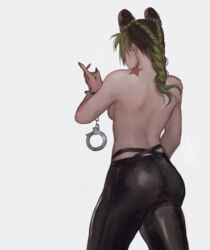 1girls ass edit edited faceless_female facing_away female_only handcuffs joestar_birthmark jojo's_bizarre_adventure jolyne_kujo lanhacy leather long_nails partially_clothed side_boob solo_female stone_ocean thick_ass tight_clothing tight_pants topless rating:Explicit score:175 user:JoJo_Girls