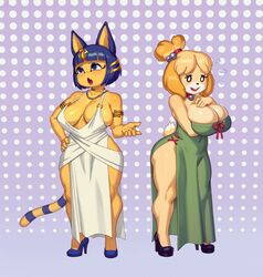 2girls absurd_res absurdres animal_crossing ankha anthro big_breasts black_eyes blonde_fur blonde_hair blue_eyes blue_hair buckteeth canine cleavage collar curvy dipstick_tail dress egyptian embarrassed eyelashes feline furry hi_res high_heels highres huge_breasts isabelle_(animal_crossing) large_breasts nintendo open_mouth polka_dot_background rizdraws short_hair thick_thighs voluptuous wide_hips yellow_body yellow_fur rating:Questionable score:455 user:Cranium