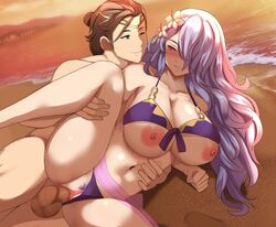 1boy 1girls alternate_costume beach bikini bikini_aside blush breasts breasts_out camilla_(fire_emblem) camilla_(summer)_(fire_emblem) female_pubic_hair fire_emblem fire_emblem_fates fire_emblem_heroes flower grin hair_flower hair_over_one_eye huge_breasts kiran_(fire_emblem) kiran_(fire_emblem)_(male) lainart leg_grab leg_up long_hair nintendo nipples ocean pubic_hair purple_bikini purple_hair purple_swimsuit sand seaside sex smile spread_legs straight sunset swimsuit vaginal_penetration violet_eyes rating:Explicit score:140 user:kris923