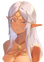 1girls bare_breasts bare_shoulders blush breasts chains cleavage dark-skinned_female dark_elf dark_skin elf elf_ears elf_female female female_focus female_only gold_jewelry golden_eyes hair_ornament kinta_(distortion) long_ears long_hair looking_at_viewer necklace nude nude_female pointy_ears smile tagme tan tan_skin white_hair rating:Explicit score:70 user:CalZone