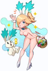 areolae ass basket bent_over blonde_hair blue_eyes bow bowtie breasts bunny_ears collar earrings egg eyelashes fake_animal_ears female female_focus hair_over_one_eye high_heels highres lagomorph leporid mario_(series) naked_footwear naked_heels nintendo nipples nude one_eye_covered parted_lips ponytail princess_rosalina rabbit sarukaiwolf shoes star_bunny star_bunny_(cosplay) super_mario_galaxy thick_thighs thighs rating:Explicit score:185 user:Nuu