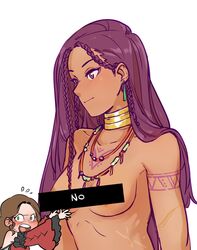 2girls alternate_hairstyle blush braid breaking_the_fourth_wall censored completely_nude dark-skinned_female dark_skin dorothea_arnault earrings embarrassed female_only fire_emblem fire_emblem:_three_houses hair_down humor long_hair nintendo no nude nude_female petra_macneary post-timeskip purple_hair small_breasts smile solo_focus ticcytx upper_body white_background rating:Questionable score:104 user:kris923