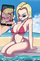 1boy1girl 1girls absurd_res android_18 areolae artist_name beach bikini blonde_hair blush dragon_ball dragon_ball_z earrings fellatio female female_focus grin highres jewelry large_ass large_breasts light-skinned_female light-skinned_male lipstick looking_at_viewer looking_over_eyewear looking_over_glasses looking_over_sunglasses navel nightmare_hdraw nipple_bulge nipples nipples_visible_through_clothing one_eye_covered phone phone_screen photo_comparison pool poolside recording red_swimsuit sea sitting smartphone smile smirk son_goten sunglasses sweat sweatdrop swimwear tagme thighs tinted_eyewear rating:Explicit score:189 user:MrLW13