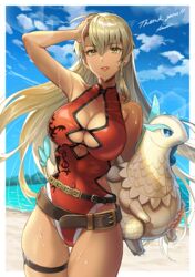 1girls absurdres alternate_costume bare_shoulders blonde_hair breasts cleavage commission dark_skin female fire_emblem fire_emblem:_the_binding_blade highres holding holding_toy huge_filesize igrene_(fire_emblem) inflatable_toy iria_(yumeirokingyo) large_breasts long_hair looking_at_viewer mole mole_under_eye nintendo one-piece_swimsuit red_one-piece_swimsuit red_swimsuit skeb_commission swimsuit toy yellow_eyes rating:Questionable score:119 user:kris923