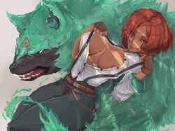 beeprats blue_eyes bob_cut canine cleavage dark-skinned_female giovanna_(guilty_gear) guilty_gear guilty_gear_strive laying_down nip_slip nipple_slip red_hair unbuttoned_shirt wolf rating:Explicit score:131 user:DumbCoomer