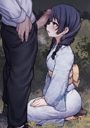 1boy bangs black_hair blue_hair blush bow braid brown_footwear censored commentary_request female from_side grass grey_shirt hand_on_hip hands_on_lap highres idolmaster idolmaster_shiny_colors imminent_fellatio japanese_clothes jp06 kimono long_hair looking_at_another looking_up lower_body morino_rinze mosaic_censoring open_mouth outdoors pants penis producer_(idolmaster) seiza shirt shoes sitting solo_focus straight sweatdrop twin_braids rating:Explicit score:239 user:bot