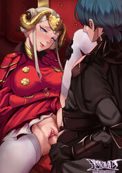 1boy 1girls alternate_breast_size arm_across_waist arm_under_breasts big_breasts blush breasts byleth_(fire_emblem) byleth_(fire_emblem)_(male) clothed_sex clothes_lift double_bun dress dress_lift edelgard_von_hresvelg fire_emblem fire_emblem:_three_houses grey_hair head_tilt hetero highres horned_headwear horns large_breasts leg_grab leg_lift leg_up lips nintendo penis post-timeskip pussy r-e-l-o-a-d reloadhb sex short_hair silver_hair smile spread_legs straight thighhighs throne throne_sex tiara uncensored vaginal vaginal_penetration white_legwear rating:Explicit score:124 user:Hyunkel