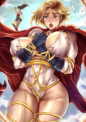 black_hair blonde_hair blue_eyes blush bondage cape dc_comics diana_prince gloves huge_breasts implied_yuri kachima karen_starr lasso_of_truth leotard long_hair pokies power_girl rope_bondage short_hair superman_(series) torn_clothes torn_leotard wonder_woman wonder_woman_(series) rating:Questionable score:144 user:TheKindHaremMaster