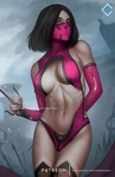 2d black_hair evandromenezes face_mask large_breasts looking_at_viewer medium_hair mileena mortal_kombat pink_eyes revealing_clothes sweat torn_clothes rating:Questionable score:178 user:TheKindHaremMaster