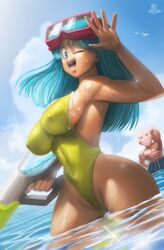 big_breasts blue_hair canonical_scene dragon_ball dragon_ball_z elitenappa eyewear_on_head hard_nipples krillin kuririn maron swimsuit water water_gun rating:Explicit score:153 user:moistlover