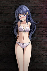 1girls against_wall arms_behind_back black_ribbon blue_eyes blue_hair blush bondage bound bound_arms bra breasts cleavage clenched_teeth collarbone creatures_(company) dawn_(pokemon) female female_only game_freak gluteal_fold hair_ornament head_tilt legs_together long_hair looking_at_viewer matching_underwear medium_breasts midriff navel nintendo panties pokemon pokemon_(game) pokemon_dppt restrained ribbon rope shiny shiny_hair solo standing stomach sweatdrop tears teeth thigh_gap tied_up tsukishiro_saika underwear underwear_only very_long_hair white_bra white_panties rating:Questionable score:117 user:Comeonman