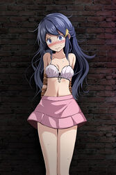 1girls against_wall arms_behind_back black_ribbon blue_eyes blue_hair blush bondage bound bound_arms bra breasts cleavage clenched_teeth collarbone creatures_(company) dawn_(pokemon) female female_only game_freak hair_ornament head_tilt long_hair looking_at_viewer medium_breasts midriff miniskirt navel nintendo pink_skirt pokemon pokemon_(game) pokemon_dppt restrained ribbon rope shiny shiny_hair skirt solo solo_female standing stomach sweatdrop tears teeth tied_up tsukishiro_saika underwear very_long_hair white_bra rating:Explicit score:77 user:Comeonman