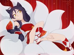 ahoge ahri animal_ears artist_name bangs black_hair erect_nipples female female_only footwear fox_tail kitsunemimi korean_clothes league_of_legends long_hair merunyaa monster_girl multiple_tails nipples panchira panchira_(sitting) pantsu pettanko red_background simple_background sitting solo swept_bangs tail tumblr_username underwear upskirt web_address whisker_markings white_fur yellow_eyes rating:Questionable score:20 user:bichd