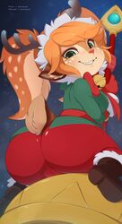 2017 anthro antlers artist_name artist_signature ass bell belt blush boots brown_fur cameltoe cervine christmas christmas_outfit clothing fangs female female_only footwear freckles from_behind fur furry gloves green_eyes grin groin hair high_resolution holidays horn huge_ass league_of_legends looking_at_viewer looking_back mammal merunyaa night oerba_yun_fang orange_hair pants patreon_username pixiv_sample pixiv_username poppy reindeer reindeer_costume ribbon riot_games shirt shortstack smile snow snow_fawn_poppy snowdown_series snowing solo spots striped taut_clothes teasing tied_hair tight_pants twintails vagina video_game winter_wonderland_series yordle rating:Questionable score:278 user:bichd