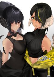 2girls abs armpits au_ra bangs bare_shoulders belly_button big_breasts black_dress black_hair black_legwear choker cleavage clothed clothing dark-skinned_female dark_elf dark_hair dark_skin elf elf_ears elf_female female female_focus female_only final_fantasy final_fantasy_xiv hair_between_eyes hair_over_one_eye horned_humanoid horns large_breasts lilith_(lilycious) lilycious looking_at_viewer mole mole_on_breast mole_under_mouth multicolored_hair open_clothes pointy_ears red_eyes scales short_hair smile tagme tail virgin_killer_sweater xaela yellow_background yellow_eyes yellow_hair rating:Questionable score:63 user:CalZone