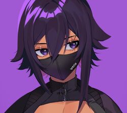 abs asymmetrical_hair bangs bare_midriff big_breasts black_bra black_hair black_legwear bra choker cleavage dark-skinned_female dark_hair dark_skin english_text female female_focus female_only hair_between_eyes hands_in_pockets large_breasts lilycious looking_away looking_to_the_side mask mask_on_head masked masked_female oc open_clothes purple_background purple_eyes purple_hair sitting solo solo_female solo_focus tagme void zipper zipper_pull_tab rating:Questionable score:14 user:CalZone