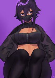 abs asymmetrical_hair bangs bare_midriff big_breasts black_bra black_hair black_legwear bra choker cleavage dark-skinned_female dark_hair dark_skin english_text female female_focus female_only hair_between_eyes hands_in_pockets large_breasts lilycious looking_away looking_to_the_side mask mask_on_head masked masked_female oc open_clothes purple_background purple_hair sitting solo solo_female solo_focus tagme void zipper zipper_pull_tab rating:Questionable score:61 user:CalZone