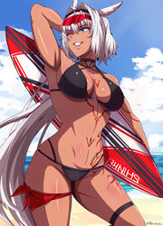 1girls abs animal_ears armpits bangs bare_arms bare_legs bare_midriff bare_shoulders bare_thighs beach belly_button bikini bikini_bottom bikini_top black_bikini blue_eyes breasts caenis_(fate) cameltoe cleavage dark-skinned_female dark_skin fate/grand_order fate_(series) female female_focus female_only front_view hair_ornament hand_on_head headband headgear headwear inner_sideboob large_breasts long_hair long_ponytail looking_to_the_side midriff moussaka navel navel_line one_eye_closed ponytail revealing_clothes short_hair sideboob skimpy skimpy_bikini skimpy_clothes sky sole_female solo solo_female solo_focus sunglasses sunglasses_on_head surfboard swimsuit swimwear tan_body tan_skin tattoo thick_thighs thigh_strap thighs toned toned_female water white_hair rating:Questionable score:71 user:CalZone