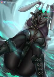 boots bunny_ears bunnysuit cape corset dark-skinned_female green_eyes hayashidraws hoodie league_of_legends mist pantyhose riot_games ruined_king_symbol senna_(league_of_legends) solo rating:Questionable score:116 user:Jotaro_Kujo346