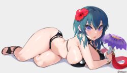 1girls absurd_res alternate_costume ass bikini black_bikini black_sandals blue_hair breasts byleth_(fire_emblem) byleth_(fire_emblem)_(female) byleth_(summer)_(fire_emblem)_(female) feet female fire_emblem fire_emblem:_three_houses fire_emblem_heroes flower grey_background hair_flower hair_ornament hair_over_shoulder hi_res jtveemo large_breasts looking_at_viewer lying nintendo on_stomach open_mouth purple_eyes sandals short_hair sideboob simple_background solo solo_female swimsuit teal_hair toenails toes very_high_resolution rating:Questionable score:65 user:Cero_Oscuras