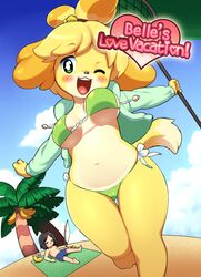 1boy 1girls 2013 animal_crossing anthro banana beach bikini black_nose blush breasts camel_toe canid canine canis closed_eyes clothed clothing cloud collaboration comic cover cover_art cover_page domestic_dog doujinshi duo english_text female female_focus food fruit fruit_tree green_eyes hi_res human isabelle_(animal_crossing) looking_at_viewer male mammal manga navel neocoill nintendo on_towel one_eye_closed open_mouth outside pitaya_(artist) plant rinfu seaside shih_tzu sky solo_focus swimwear teeth text tongue towel toy_dog tree video_games wide_hips rating:Questionable score:104 user:olscli16