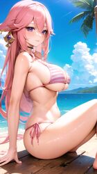  ai_generated animal_ears ass beach bikini breasts clouds earrings fox_ears genshin_impact hoyoverse long_hair ocean palm_tree pink_bikini pink_hair polege sea side_boob side_view sideboob sitting striped_bikini swimsuit thick_thighs thighs underboob violet_eyes yae_miko  rating:questionable score: user:polege