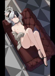  absurdres anus ass black_choker black_footwear black_hair black_horns blue_archive blush breasts choker collarbone couch demon_horns demon_wings female grey_hair grey_halo grey_jacket hair_between_eyes halo high_heels highres horns jacket kayoko_(blue_archive) kayoko_(dress)_(blue_archive) long_hair long_sleeves lying multicolored_hair nabe_san nipples on_back open_clothes open_jacket parted_lips purple_wings pussy red_eyes single_wing small_breasts solo wings  rating:explicit score: user:bot