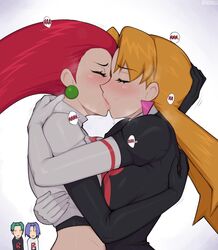 2boys 2girls afrobull blue_hair breast_press butch_(pokemon) cassidy_(pokemon) deep_kissing earrings embrace eyes_closed female french_kiss french_kissing green_hair hug hugging human james_(pokemon) jessie_(pokemon) kissing kojirou_(pokemon) kosaburou_(pokemon) male musashi_(pokemon) nintendo orange_hair passionate pokemon red_hair saliva sweat tagme team_rocket team_rocket_uniform uniform yamato_(pokemon) yuri rating:Questionable score:597 user:PrincessRosalina_