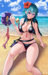 1girls achromaru alternate_costume bare_legs beach bikini black_bikini black_swimsuit blue_eyes byleth_(fire_emblem) byleth_(fire_emblem)_(female) byleth_(summer)_(fire_emblem)_(female) cape female female_only fire_emblem fire_emblem:_three_houses fire_emblem_heroes flower hair_flower highres large_breasts looking_at_viewer medium_hair nintendo ocean red_flower seaside sideboob sitting smile solo summer teal_hair rating:Explicit score:36 user:reflet1