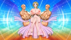 2boys akiranime animated animated_gif aphrodite_(shuumatsu_no_valkyrie) areolae bare_shoulders blinking blonde_female blonde_hair blue_eyes breast_grab breasts breasts_out breasts_out_of_dress bursting_breasts cleavage clothed_female_nude_male collarbone dark-skinned_male dark_skin dress erect_nipples feet female flower flower_on_head full_body glowing goddess gown grabbing greek_clothes greek_mythology hair_flower hair_ornament hands_on_another's_shoulders highres huge_areolae huge_breasts huge_nipples legs_crossed lights looking_at_viewer multicolored multiple_boys muscular muscular_male nude pink_clothes puffy_areolae puffy_nipples record_of_ragnarok see-through shiny shuumatsu_no_valkyrie sitting thick_thighs thighs toes wavy_hair rating:Explicit score:81 user:ron50