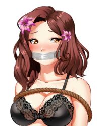 1girls big_breasts bondage bound bra breasts brown_hair consensual_bondage dungeons_and_dragons female flower flower_in_hair gag gagged hazel_eyes nervous original_character razorkun red_hair rosa_crownlocke solo solo_female tape_gag underwear rating:Questionable score:22 user:Imightbeezio