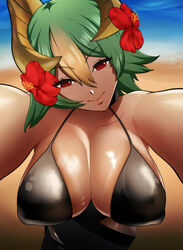 alternate_costume beach black_swimsuit cleavage covered_nipples fire_emblem fire_emblem_heroes green_hair hair_flower highres hug huge_breasts laegjarn_(fire_emblem) laegjarn_(summer)_(fire_emblem) looking_at_viewer male_pov multicolored_hair nintendo nipple_bulge ocean okaimikey one-piece_swimsuit pov pov_eye_contact pov_hug red_eyes seaside smile swimsuit rating:Questionable score:34 user:Hyunkel