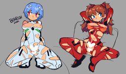 2girls accidental_exposure areolae arm_support arms_behind_head asuka_langley_sohryu belly_button blue_eyes blue_hair blush bodysuit brown_hair censored clothing embarrassed exposed_breasts exposed_pussy female female_only heart_censor large_breasts legs_apart legs_spread looking_away neon_genesis_evangelion nipples red_bodysuit red_eyes rei_ayanami ripped_clothing short_hair signature slammo spreading thighs tight_clothing torn_clothes torn_clothing twintails white_bodysuit worried worried_expression rating:Explicit score:155 user:ArtBro