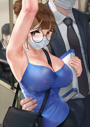 2021 alternate_version_available armpit armpit_focus armpit_stubble bag belt_between_breasts big_breasts blue_shirt blue_top blue_topwear brown_hair covered_mouth erect_nipples eyebrows eyelashes glasses hair_bun hand_on_another's_waist hand_on_waist holding holding_book holding_object huge_breasts looking_away mouth_mask mute_(mute89539160) nipple_bulge nipples nipples_visible_through_clothing round_glasses see-through see-through_clothing see-through_shirt shaved_armpit shirt sleeveless sleeveless_shirt sling_between_breasts sweat sweat_stain sweatdrop sweaty top topwear train train_interior rating:Questionable score:411 user:St1rolvamp3ler