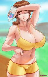 1girls 2020s 2021 alternate_breast_size arm_up armpits big_breasts bra breasts brown_hair busty cleavage day dolphin_shorts exhausted exposed_belly eyes_closed female female_only fully_clothed grass huge_breasts large_breasts mario_(series) medium_hair navel nintendo outdoors princess_daisy shiny_hair shiny_skin short_hair shorts side_slit solo solo_female superbusty sweat sweaty_face sweaty_legs thick_thighs tomboy two_tone_bottomwear voluptuous water water_bottle watermark wide_hips yellow_bra rating:Questionable score:339 user:spk120