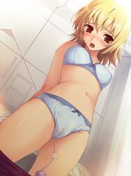 1girls arms_behind_back blonde_hair blue_panties blush bow bow_panties bra brown_eyes cagalli_yula_athha cameltoe discreet_vibrator dutch_angle female female_only gundam gundam_seed lingerie navel open_mouth panties pants_pull short_hair solo tomose_shunsaku underwear underwear_only vibrator vibrator_under_panties wet_panties wet_spot rating:Explicit score:44 user:bot