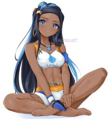 2020s 2021 abs armband bare_arms bare_legs bare_midriff bare_shoulders bare_thighs barefoot black_hair blue_eyes blue_hair blush breasts chaesu crop_top crossed_legs dark_skin dyed_hair full_body gloves gym_shorts hand_on_leg long_hair long_legs looking_at_viewer looking_down manga midriff multicolored_bottomwear nessa_(pokemon) open_mouth pokemon pokemon_ss short_shorts shorts sitting sitting_on_floor solo solo_female swimsuit swimwear tagme text_on_topwear tomboy two_tone_hair two_tone_topwear workout workout_clothes rating:Questionable score:164 user:CalZone