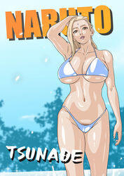 1girls alternate_hairstyle arm_up bare_arms bare_legs bare_shoulders big_breasts bikini blue_bikini blue_sky breasts character_name cleavage clothed_female copyright_name curvaceous curvy curvy_body curvy_female curvy_figure facial_mark female female_only forehead_jewel forehead_mark hair_down hand_on_hair hand_on_head highleg highleg_bikini huge_breasts light_particles lipstick looking_at_viewer loose_hair makeup mature mature_female midriff naruto naruto_(series) naruto_shippuden one_arm_up parted_lips pubic_hair pubic_hair_peek saburo_des shiny shiny_hair shiny_skin shounen_jump skindentation sky smile smiling_at_viewer solo solo_focus sunlight swimsuit text trees tsunade underboob walking walking_towards_viewer water wet wet_body wet_hair wet_skin rating:Questionable score:37 user:UnrealHarbor