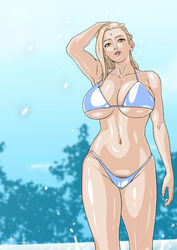 1girls alternate_hairstyle alternate_version_available arm_up bare_arms bare_legs bare_shoulders big_breasts bikini blue_bikini blue_sky breasts cleavage clothed_female curvaceous curvy curvy_body curvy_female curvy_figure facial_mark female female_only forehead_jewel forehead_mark hair_down hand_on_hair hand_on_head highleg highleg_bikini huge_breasts light_particles lipstick looking_at_viewer loose_hair makeup mature mature_female midriff naruto naruto_(series) naruto_shippuden no_text_version one_arm_up parted_lips pubic_hair pubic_hair_peek saburo_des shiny shiny_hair shiny_skin shounen_jump skindentation sky smile smiling_at_viewer solo solo_focus sunlight swimsuit textless trees tsunade underboob walking walking_towards_viewer water wet wet_body wet_hair wet_skin rating:Questionable score:82 user:UnrealHarbor