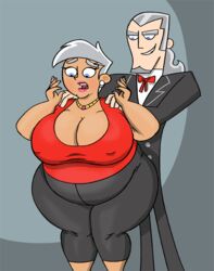 1boy 1girls after_transformation aged_up big_ass blue_eyes breasts danny_fenton danny_phantom ear_piercing female gilf grey_hair height_difference large_breasts male nipples_visible_through_clothing obese obese_female rule_63 saturnxart transformation vlad_masters what wide_hips rating:Explicit score:15 user:birmingham