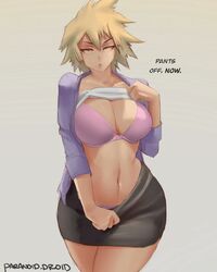 1girls assertive assertive_female big_breasts blonde_hair bra breasts cleavage eye_contact female female_only femdom grey_background large_breasts looking_at_viewer mature_female milf mitsuki_bakugou my_hero_academia navel paranoiddroid red_eyes shirt_lift short_hair skirt solo standing text thick_thighs thighs undressing wide_hips rating:Questionable score:864 user:Bikuta69