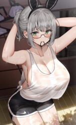 1girls 2020s 2021 armpits arms_behind_head arms_up black_shorts blush bunny_ears cleavage company_logo dolphin_shorts ecstasy eyebrows_visible_through_hair female female_focus female_only glasses green_eyes grey_hair hair_bow hands_behind_head hi_res hololive hololive_fantasy hololive_japan indoors kneeling kuse_(0201) logo_on_bottomwear long_hair looking_at_viewer manga nike no_bra non-nude object_in_mouth shiny_hair shirogane_noel short_hair short_shorts shorts side_boob side_knot side_slit sitting_on_knees sweat sweaty_arms sweaty_body sweaty_breasts sweaty_clothes sweaty_face sweaty_legs sweaty_tomboy tank_top thick_thighs thighs tomboy two_tone_bottomwear tying_hair virtual_youtuber wet_clothes wet_topwear white_hair white_tank_top white_topwear wooden_floor workout_clothes rating:Questionable score:495 user:Cero_Oscuras