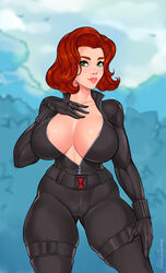 1girls alternate_version_available ange1witch avengers big_breasts black_widow_(marvel) bodysuit breasts cleavage female female_only human human_only large_breasts light-skinned_female light_skin marvel marvel_comics mature_female natasha_romanoff red_hair solo solo_female thick_thighs tight_clothing unzipped unzipped_bodysuit wide_hips rating:Explicit score:113 user:justausername