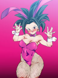 1girls black_eyes black_hair bunny_ears bunny_girl bunny_tail bunnysuit detached_collar dragon_ball dragon_ball_super female female_only fishnet_pantyhose fishnets green_hair heart-shaped_pupils kefla legs_together looking_at_viewer neck_ribbon pantyhose pink_background pose potara_earrings rom saiyan smiling smiling_at_viewer solo solo_female spiky_hair wide_hips wrist_cuffs rating:Questionable score:141 user:!nner$elf89