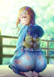 1boy 2021 artist_name ass barefoot big_ass blonde_hair blue_kimono blush bow clothed clothing crossdressing eyebrows_visible_through_hair fan feet femboy full_body hair_ornament hairclip hand_fan highres huge_ass kimono kneeling long_hair looking_at_viewer looking_back male male_only matching_hair/eyes natsusora_wakana nobady open_mouth original outdoors pantylines paper_fan ribbon seiza signature sitting smile soles solo sparkle star star_hair_ornament sunlight toes tongue trap tree uchiwa yellow_eyes yukata rating:Explicit score:345 user:Blookryynnn