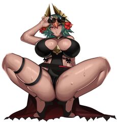 1girls alternate_costume bare_legs black_swimsuit breasts cleavage commission dark-skinned_female dark_skin eyewear_on_head female female_only fire_emblem fire_emblem_heroes from_below gold_horns green_hair highres horns huge_breasts kevbot laegjarn_(fire_emblem) laegjarn_(summer)_(fire_emblem) looking_at_viewer looking_down multicolored_hair nintendo official_alternate_costume one-piece_swimsuit partially_visible_vulva pussy red_eyes solo spread_legs squatting sunglasses sunglasses_on_head sweat swimsuit thick_thighs thighs white_background wide_hips rating:Questionable score:153 user:justausername