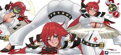 1girls :d :p ahoge arc_system_works blush cleavage double_v echosaber guilty_gear guilty_gear_strive halo jack-o'_valentine jack-o_pose large_breasts mask red_hair smile solo v wink rating:Questionable score:248 user:MegaMoo