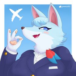 2021 animal_crossing anthro big_breasts blue_eyes blush breasts clothed clothing fangs female flight_attendant fur furry furry_only gammainks hi_res looking_at_viewer nintendo solo whitney_(animal_crossing) wolf wolf_ears rating:Safe score:17 user:Gamma1658